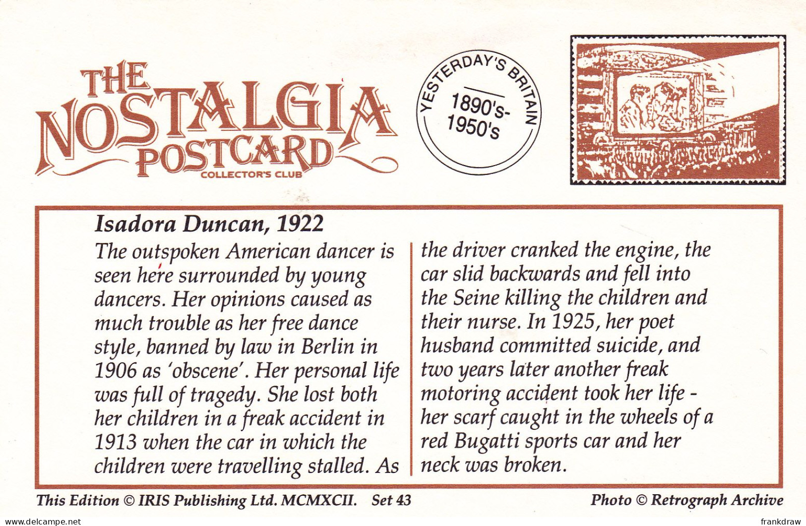 Nostalgia Postcard - Isadora Duncan, 1922 - VG - Ohne Zuordnung