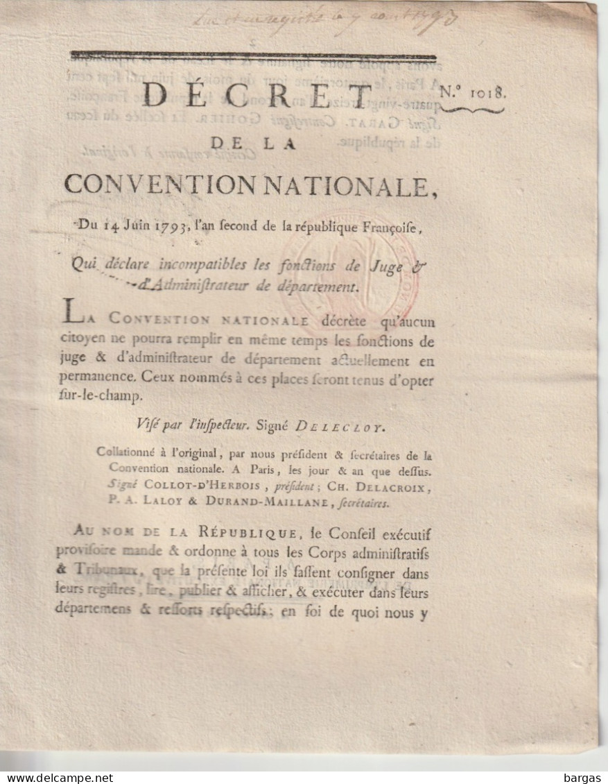 DECRET DE LA CONVENTION NATIONALE : Fonction De Juge Et D'administrateur De Département - Décrets & Lois