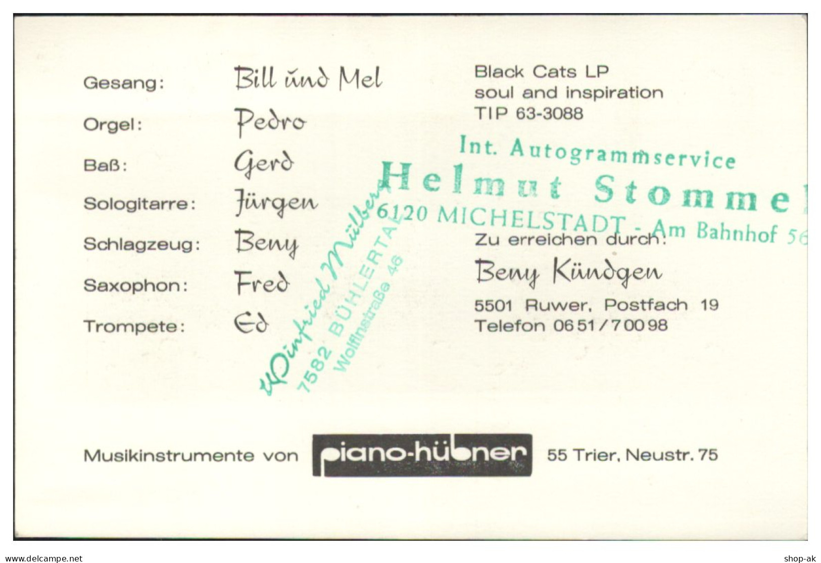 V6212/ Black Cats  Beat- Popband Autogramm Autogrammkarte 60er Jahre - Handtekening