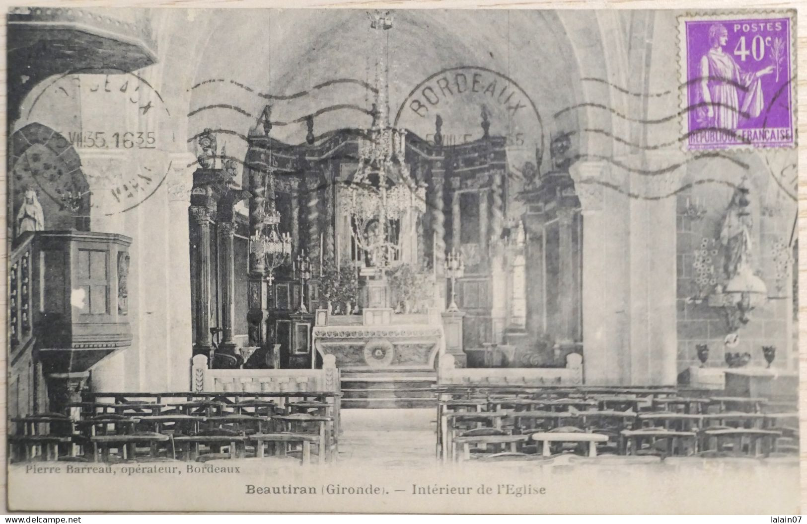 C. P. A. : 33 : BEAUTIRAN : Intérieur De L'Eglise, Timbre En 1935 - Sonstige & Ohne Zuordnung