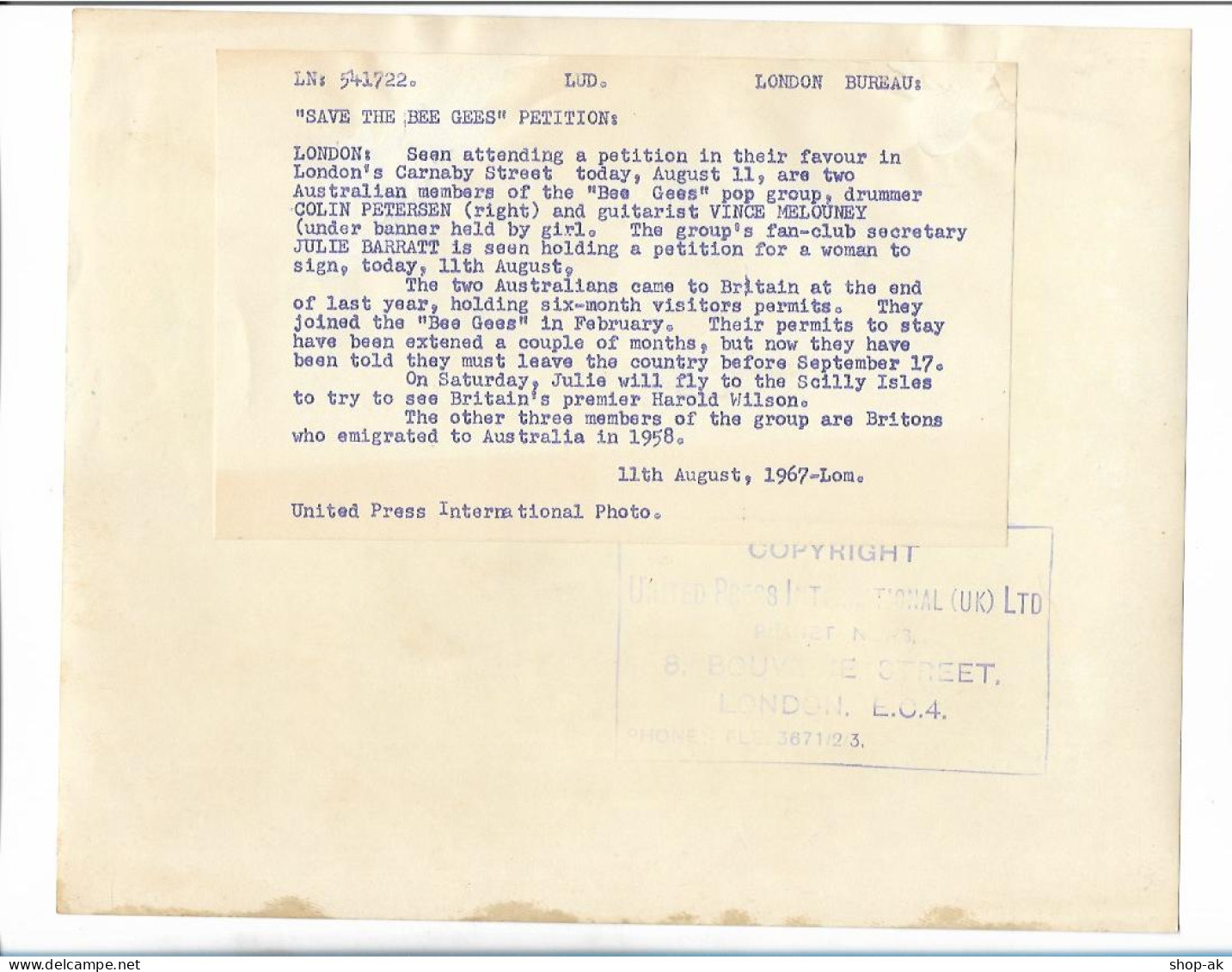 C6283/ Demonstration Für Die Bee Gees Aufenthaltsrecht In England Foto 1967 - Andere & Zonder Classificatie