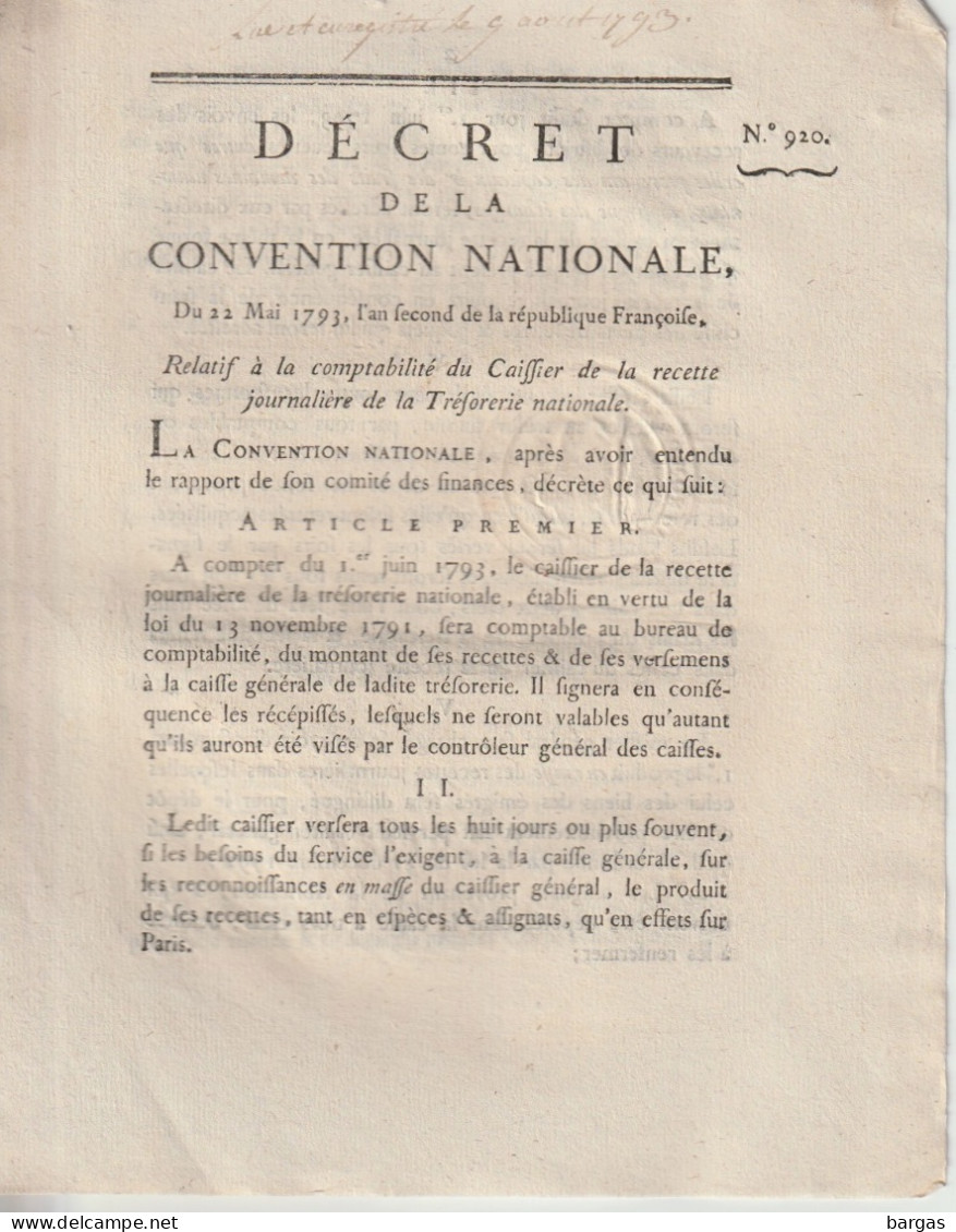 DECRET DE LA CONVENTION NATIONALE : Comptabilité Du Caissier De La Recette De La Trésorerie Nationale - Decrees & Laws