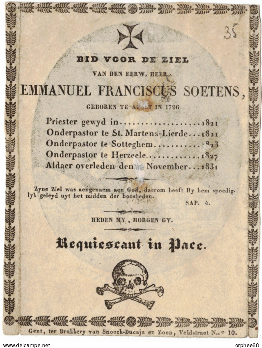 Soetens Emmanuel Aalst  Priester Pastoor Sint-Martens-Lierde Zottegem Herzele 1796-1831 Gravure Anversoise - Obituary Notices