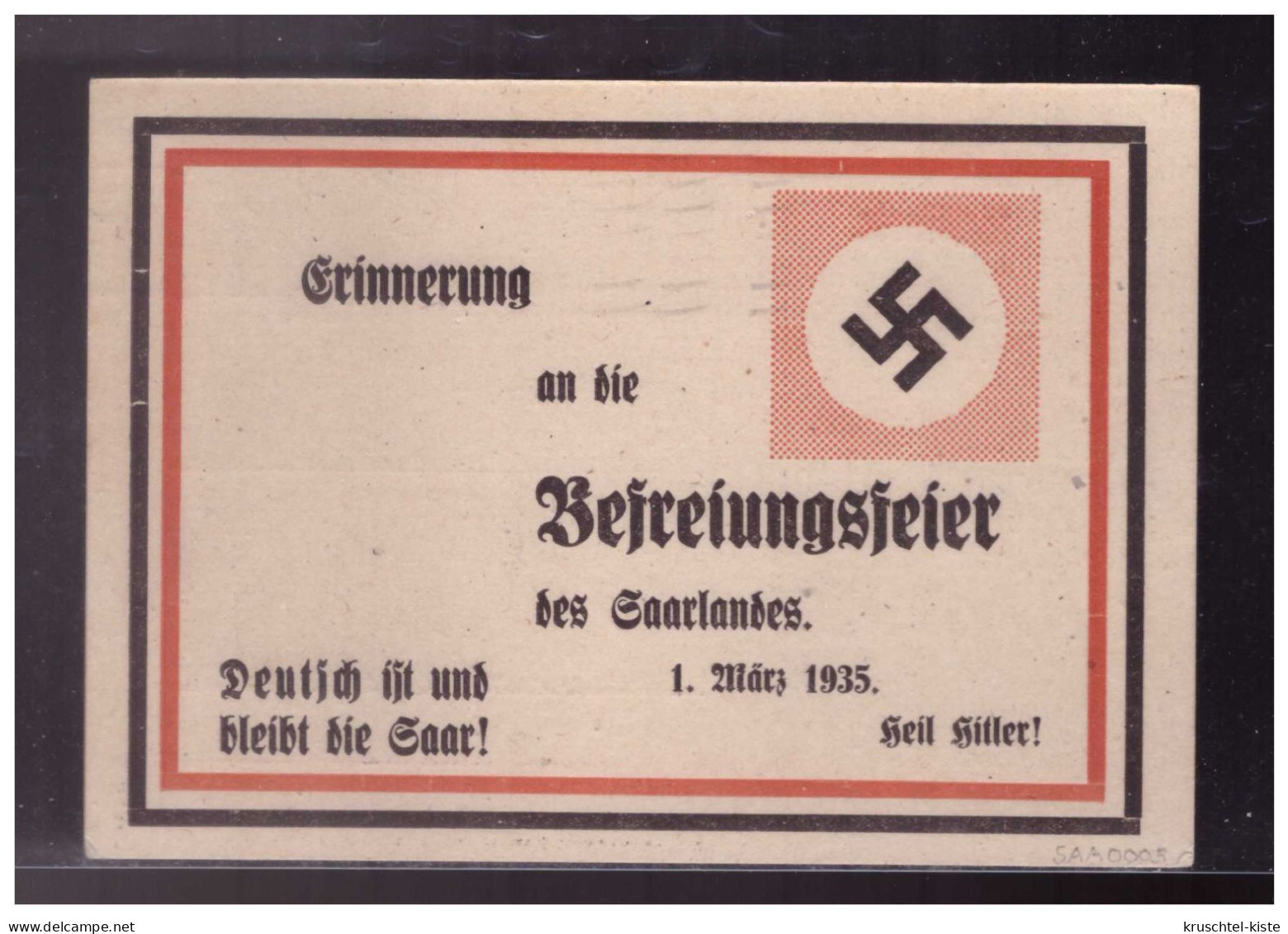 Saar (024200) Propagandakarte Erinnerung An Die Befreiungsfeier Des Saarlandes, 1.3.1935, Gelaufen Saarbrücken 1.3.1935 - Briefe U. Dokumente