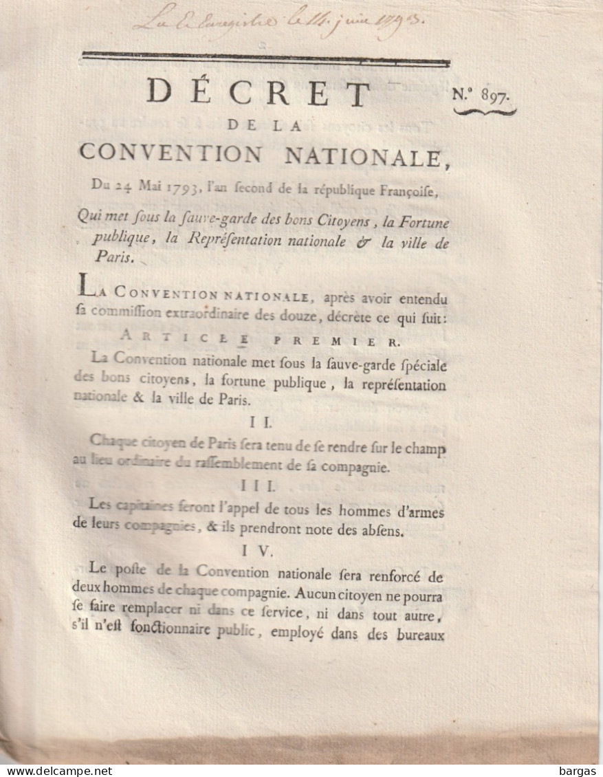 DECRET DE LA CONVENTION NATIONALE : Sauvegardes Des Bons Citoyens .... - Gesetze & Erlasse