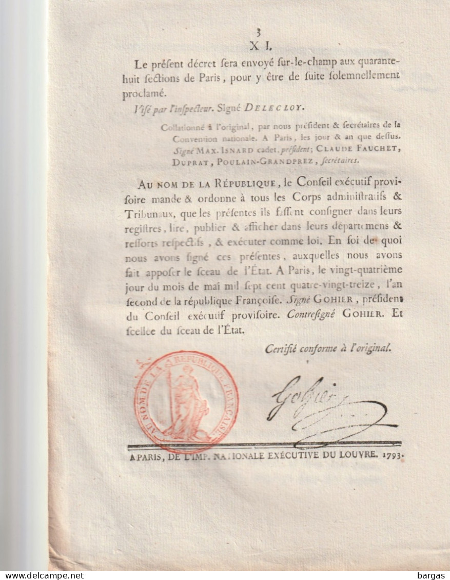 DECRET DE LA CONVENTION NATIONALE : Sauvegardes Des Bons Citoyens .... - Decretos & Leyes
