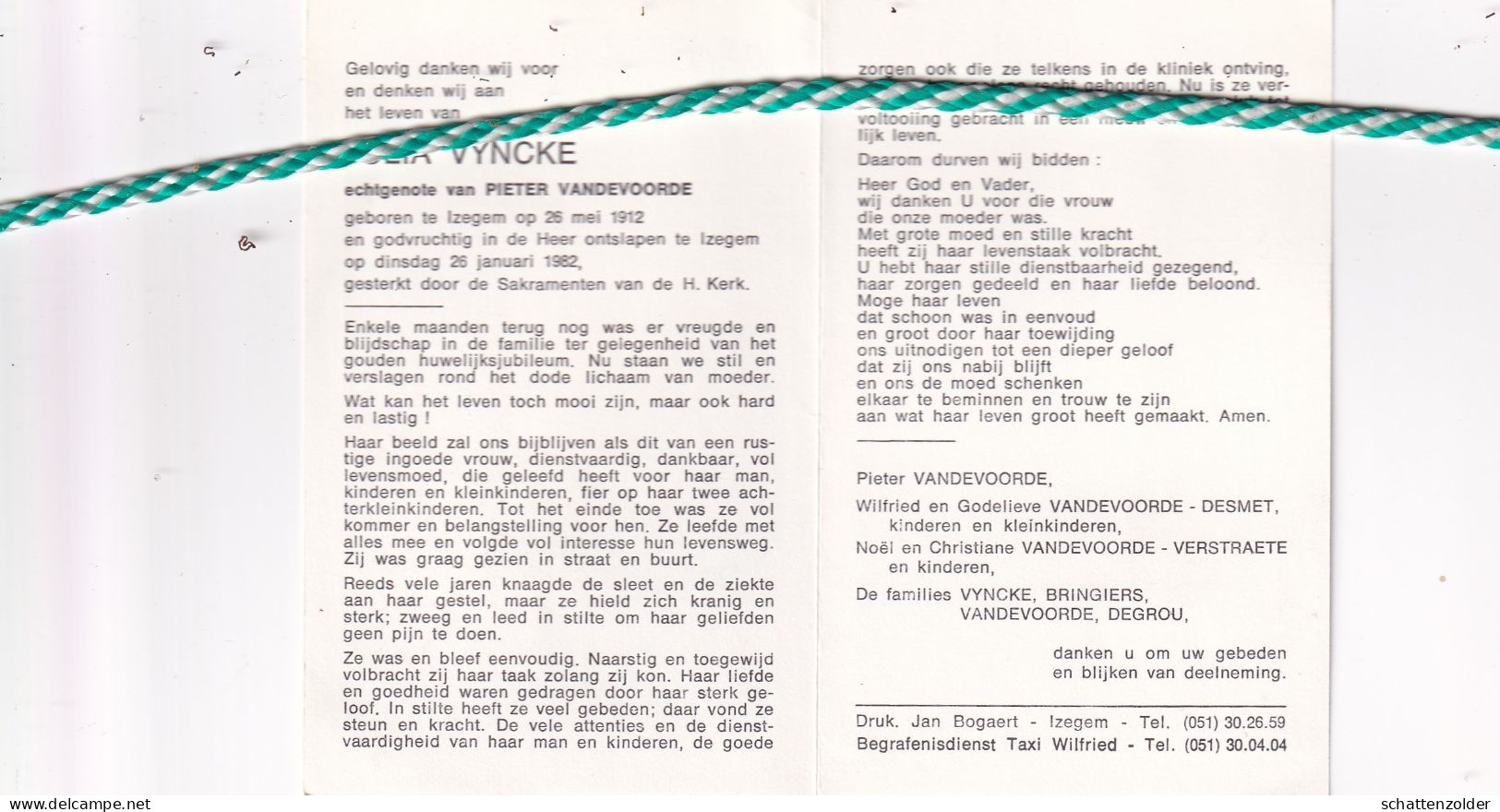 Julia Vyncke-Vandevoorde, Izegem 1912, 1982 - Obituary Notices