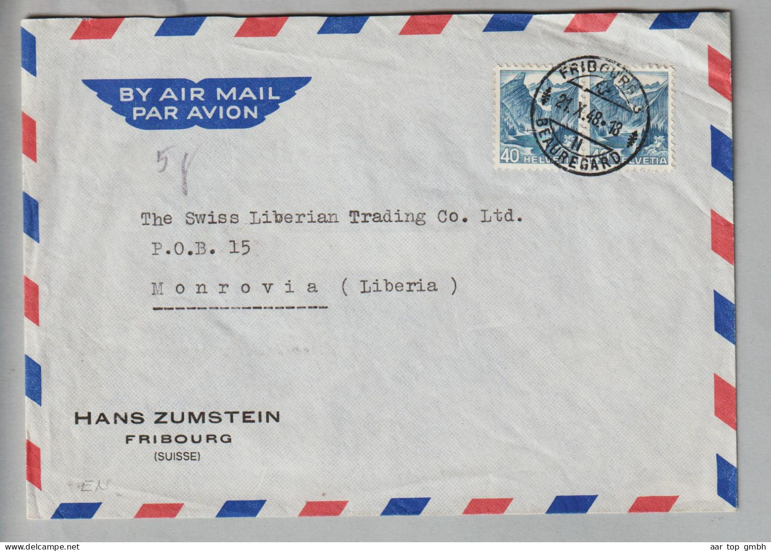 CH Landschaften 1948-10-21 Fribourg Nach Monrovia Liberia Mit 2x 40Rp. - Briefe U. Dokumente