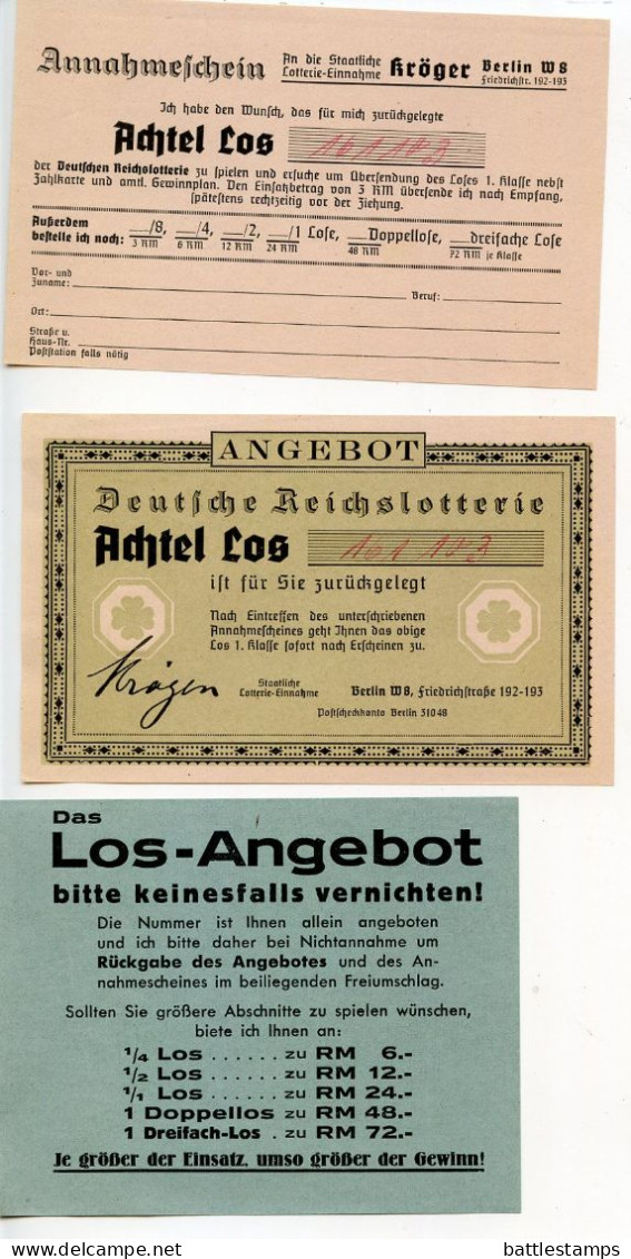 Germany 1940 Cover W/ Advertisements, Reply Envelope, Etc.; Berlin - Kröger, Deutsche Reichslotterie; 1pf. Hindenburg - Briefe U. Dokumente