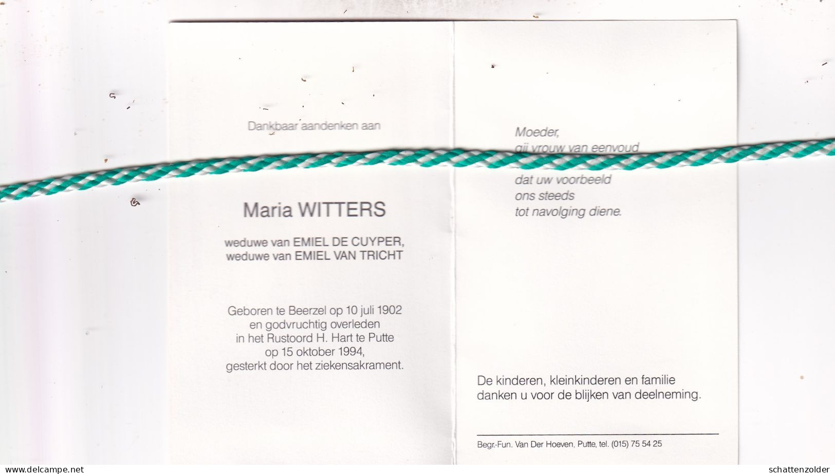 Maria Witters-De Cuyper-Van Tricht, Beerzel 1902, Putte 1994. - Obituary Notices