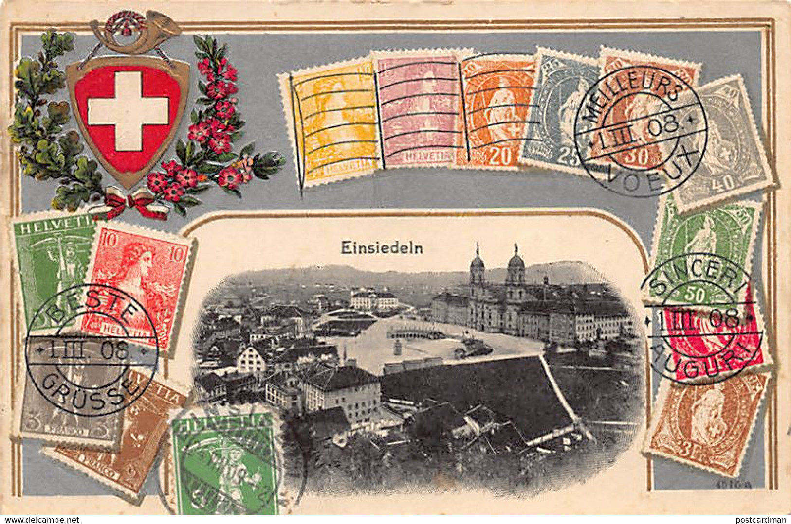 Schweiz - Einsiedeln (SZ) Gesamtansicht - Geprägte Schweizerwappen - Schweizer Briefmarken - Verlag H. Guggenheim 14553 - Einsiedeln