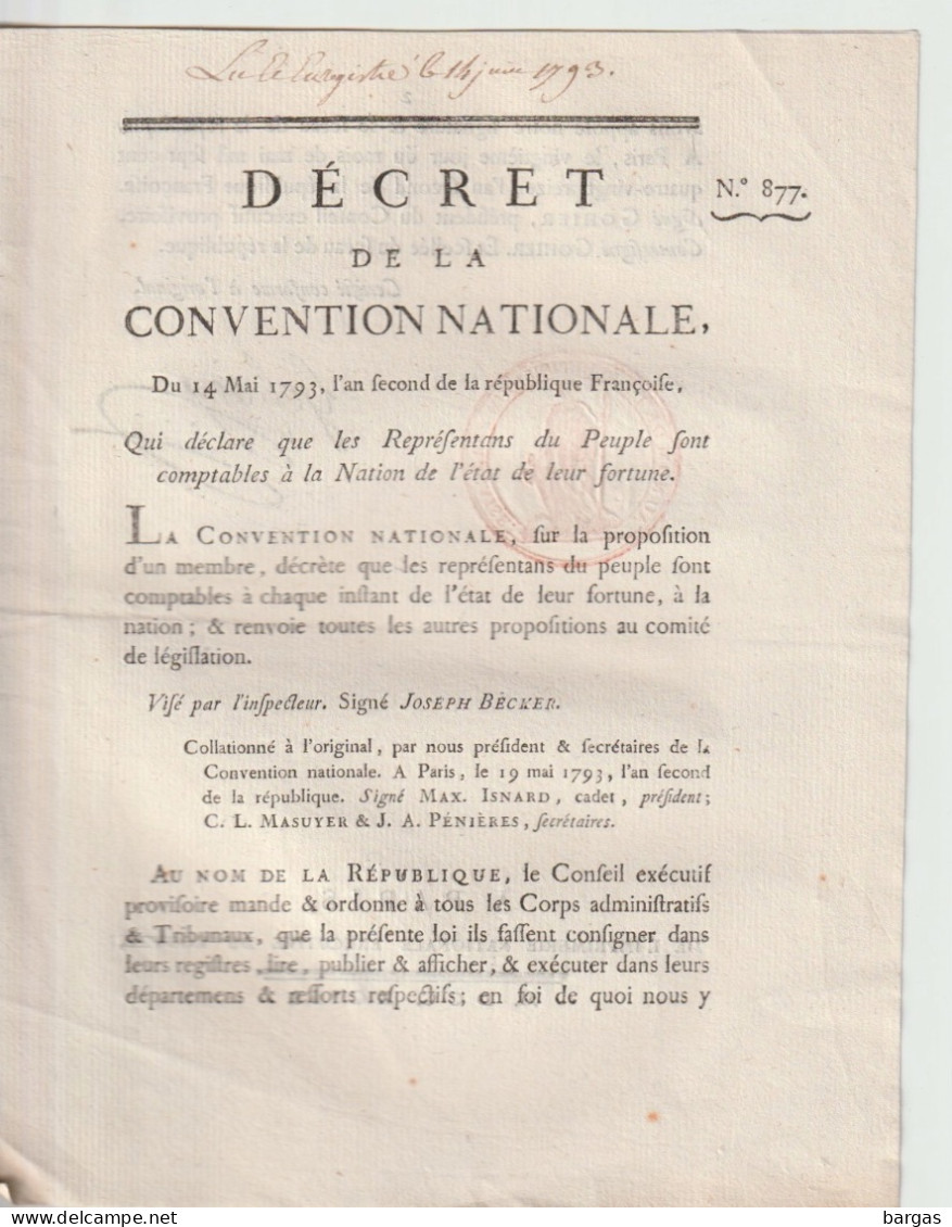 DECRET DE LA CONVENTION NATIONALE : Représentants Du Peuple Comptables à La Nation De Leur Fortune - Decretos & Leyes