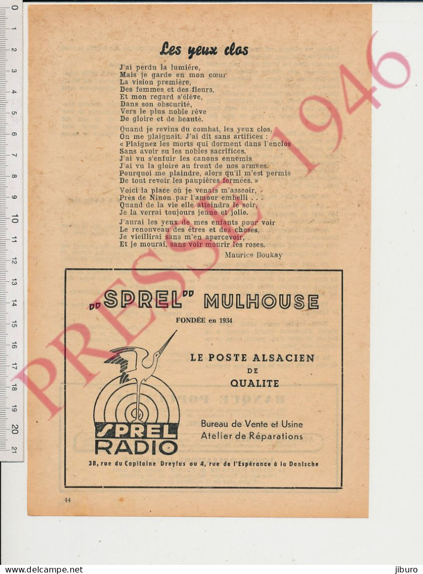Publicité 1946 Sprel Radio Mulhouse Le Poste Radio Alsacien De Qualité Cigogne Alsace + Poésie De Maurice Boukay - Sin Clasificación