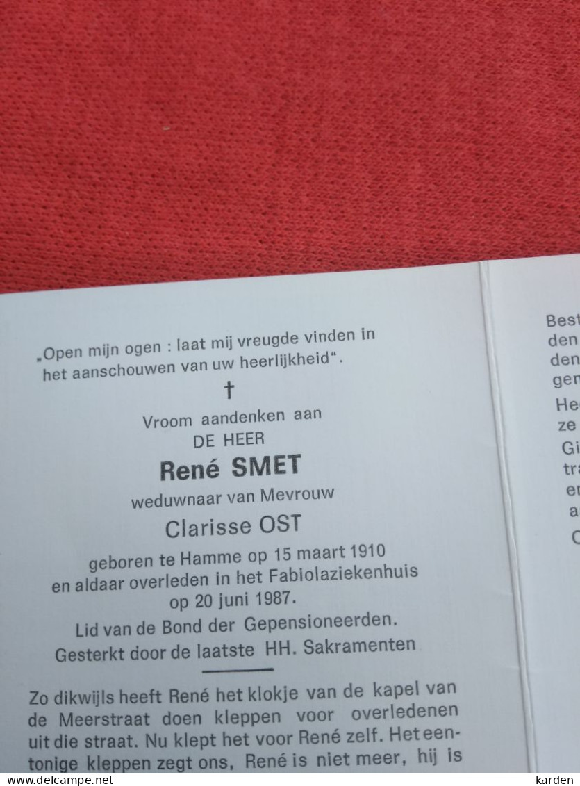 Doodsprentje René Smet / Hamme 15/3/1910 - 20/6/1987 ( Clarisse Ost ) - Godsdienst & Esoterisme