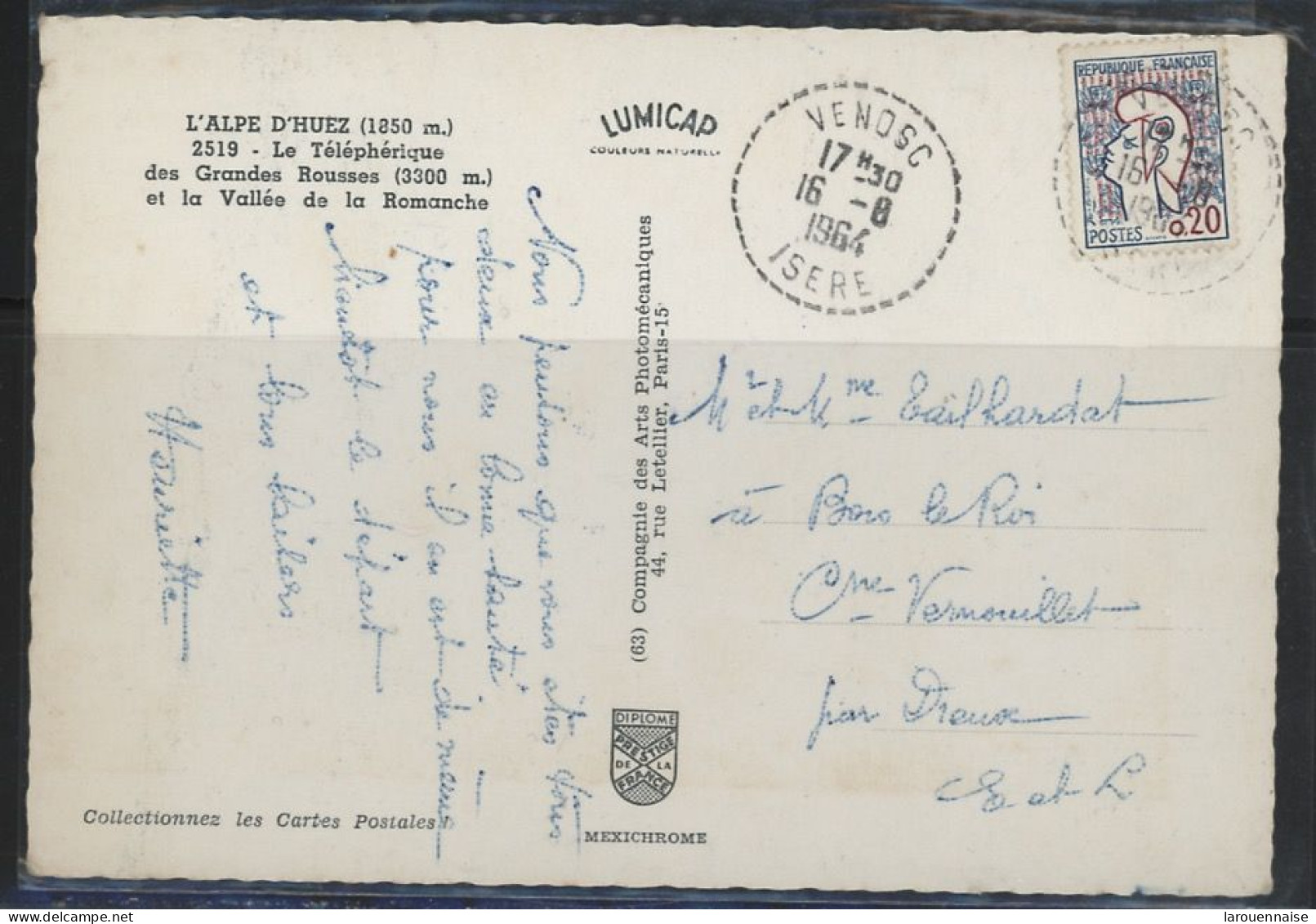 38- VENOSC-BUREAU DE DISTRIBUTION -N°1282 / CP -Obl CàD TYPE B7 - DU 16-8-1964- FRAPPE TTB - 1961-....