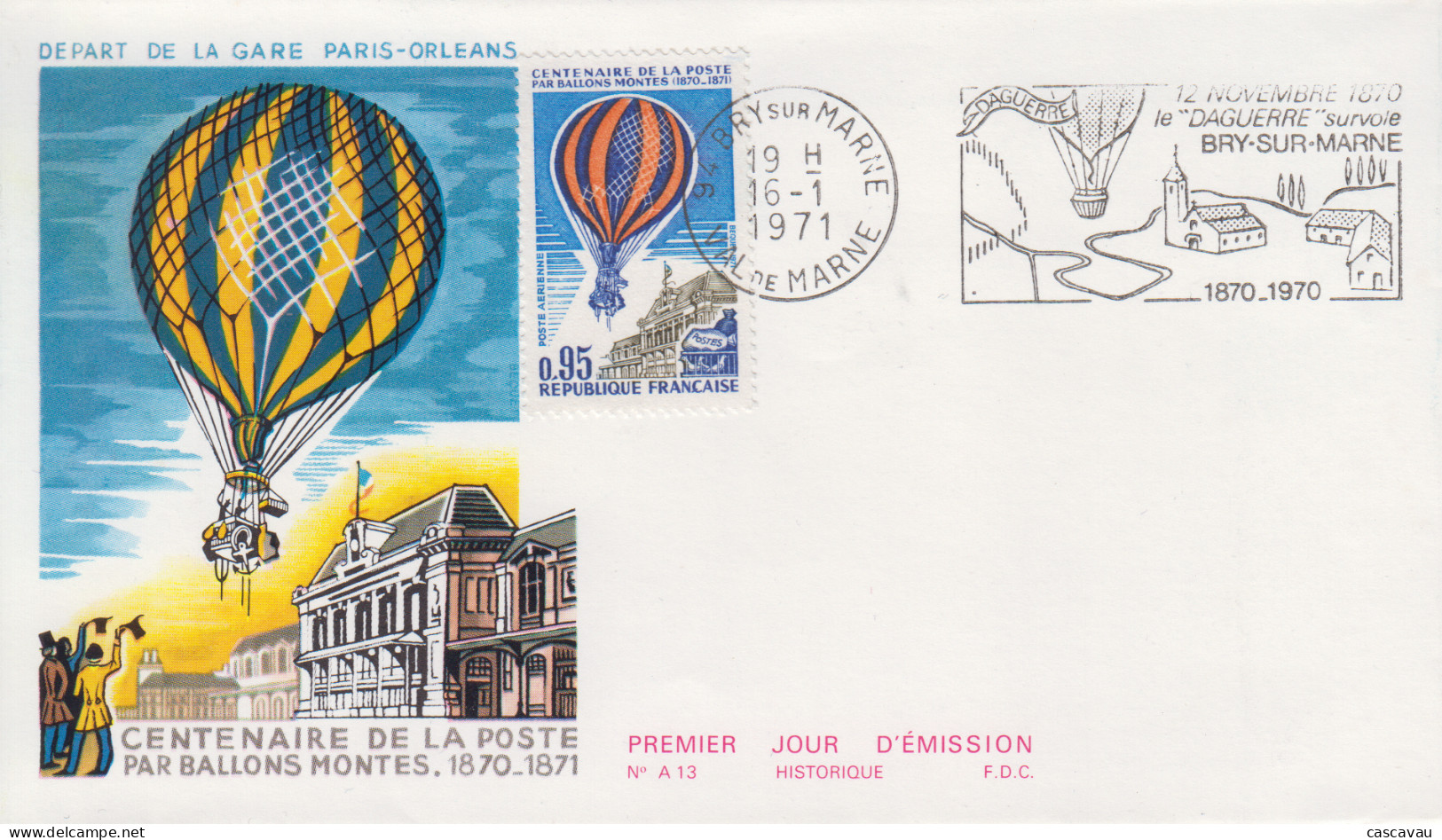 Enveloppe  FDC   Flamme  1er  Jour   FRANCE   Centenaire  Poste  Par  Ballons  Montés    BRY  SUR  MARNE   1971 - 1970-1979