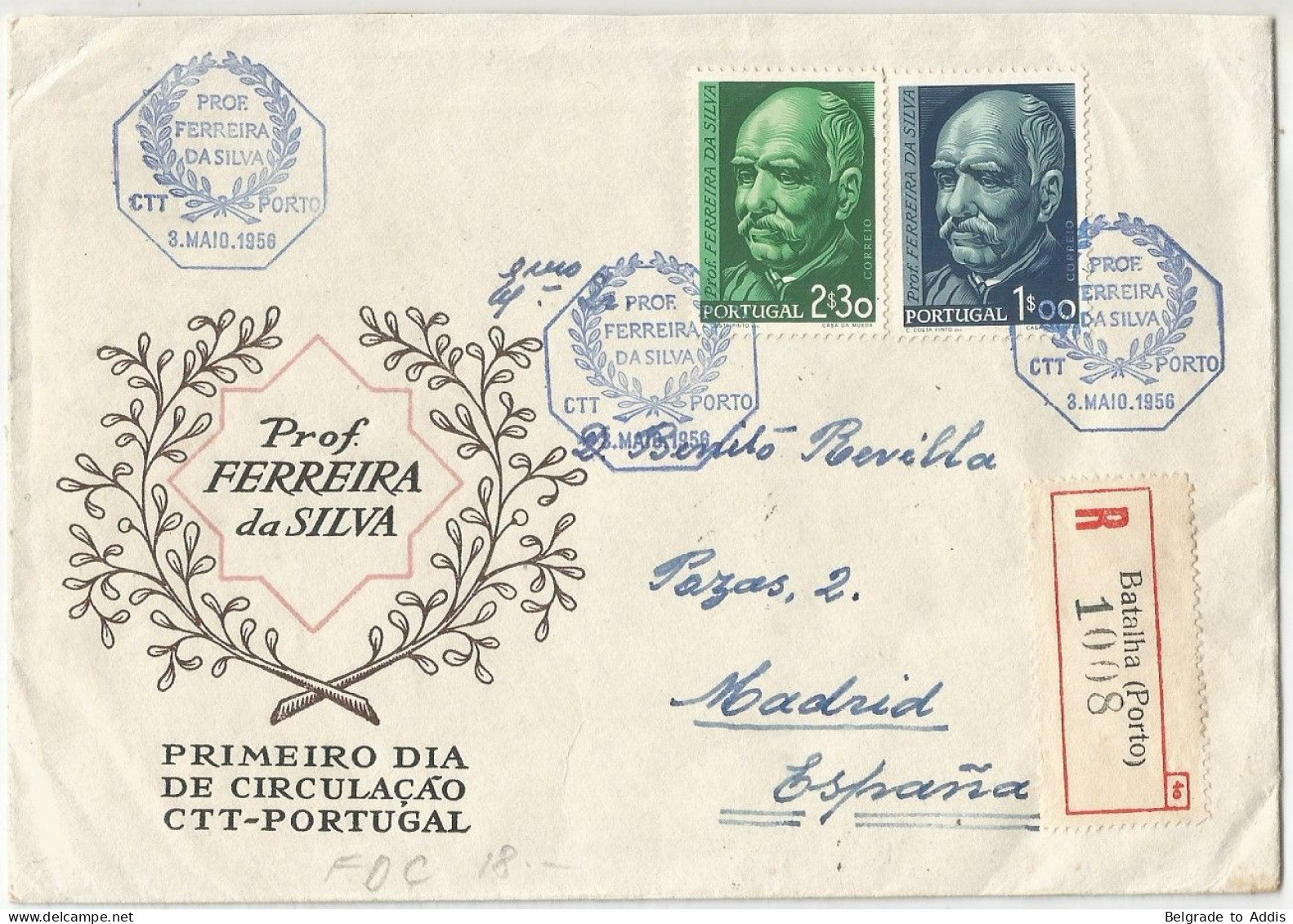Portugal Afinsa 819/20 Complete Set Used On Registered Cover FDC 1956 - FDC