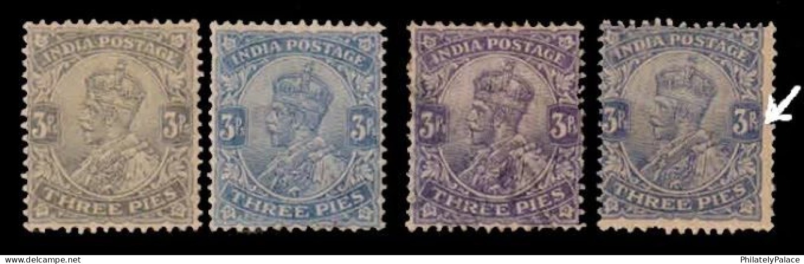 INDIA 1910 - 3 Pies, 4 Different Shades And Variety RS. For PS., King George V, Single Star, MNH (**) VERY RARE - Andere & Zonder Classificatie