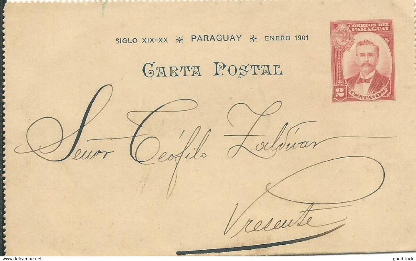 PARAGUAY CARTE/ ENTIER ILLUSTRE 2c ASUNCION DE1903 LETTRE COVER - Paraguay