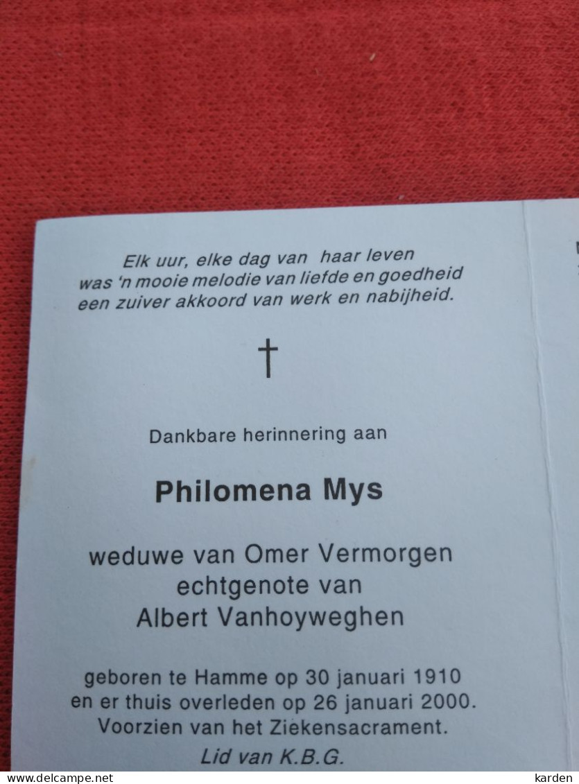 Doodsprentje Philomena Mys / Hamme 30/1/1910 - 26/1/2000 ( Omer Vermorgen / Albert Vanhoyweghen ) - Religión & Esoterismo