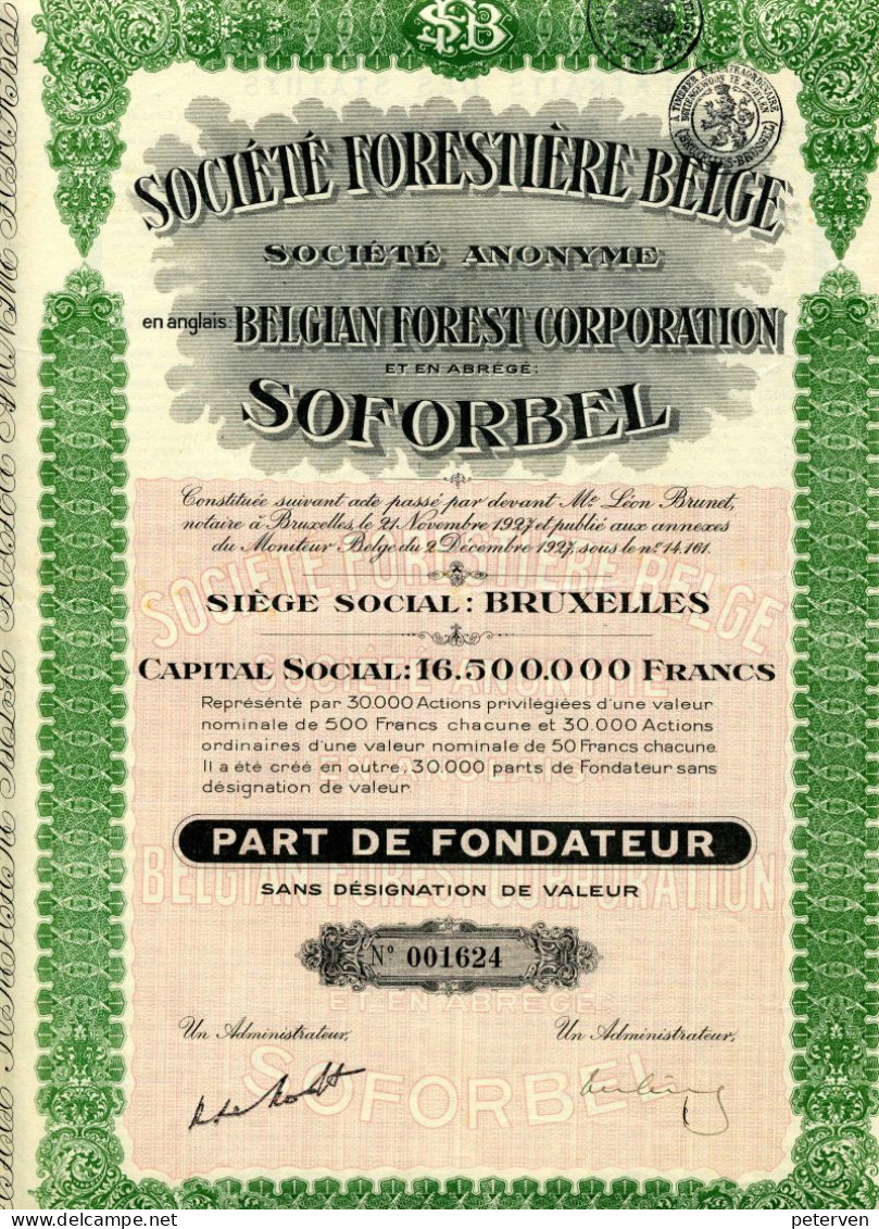 SOFORBEL - Société Forestière Belge; Part De Fondateur - Industrie