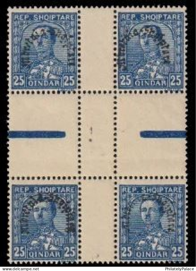 ALBANIA 1928 - King Zog. Overprint Issue. Old Block Of 4 With, 4 Side Gutter Pair MNH (**) - Albanië