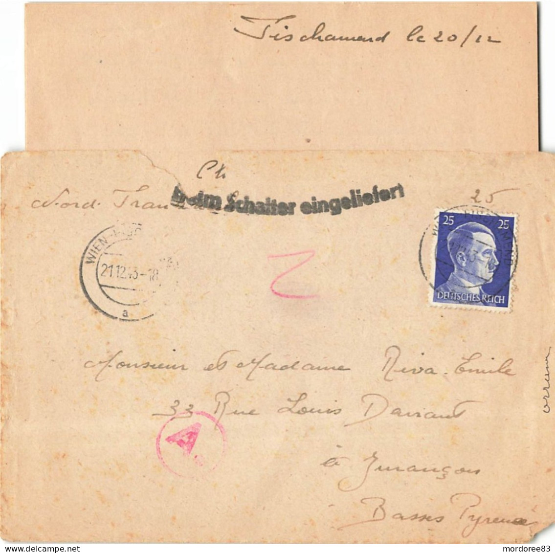 HITLER 25PF SUR LETTRE WIEN -  Ausländerlager FISCHAMENT 21/12/1943 STO POUR JURANCON FRANCE - Oorlog 1939-45