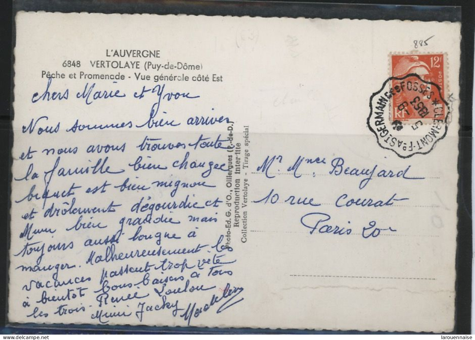 63- CACHET FERROVIAIRE-CLERMONT FD A ST GERMAIN DES FOSSES-CONVOYEUR LIGNE- N°885 / CP -Obl CàD TYPE III/A DU 5-9-1953- - Spoorwegpost