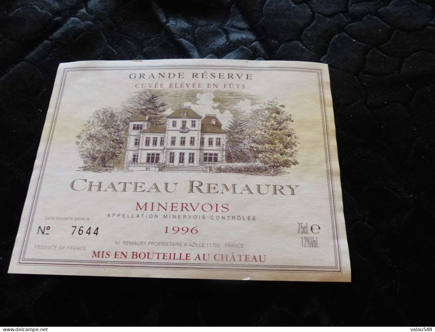 E-61 , Etiquette, Château Remaury Minervois, Grande Réserve , Azille, 1996 - Languedoc-Roussillon