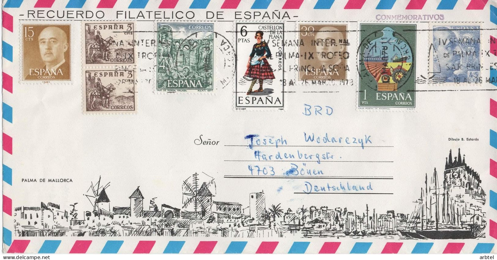 PALMA MALLORCA SOBRE TURISTICO SELLOS RONDA PUENTE CID AHORRO TRAJE - Storia Postale