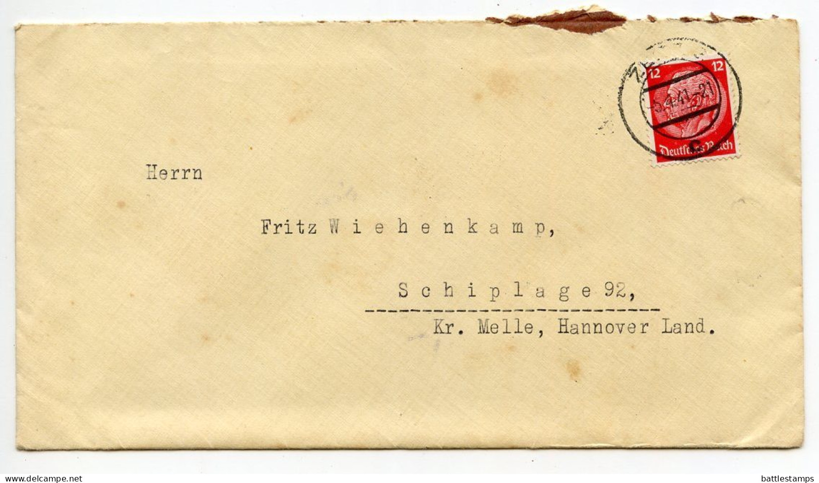 Germany 1942 Cover & Letter; Zeitz To Schiplage; 12pf. Hindenburg - Briefe U. Dokumente