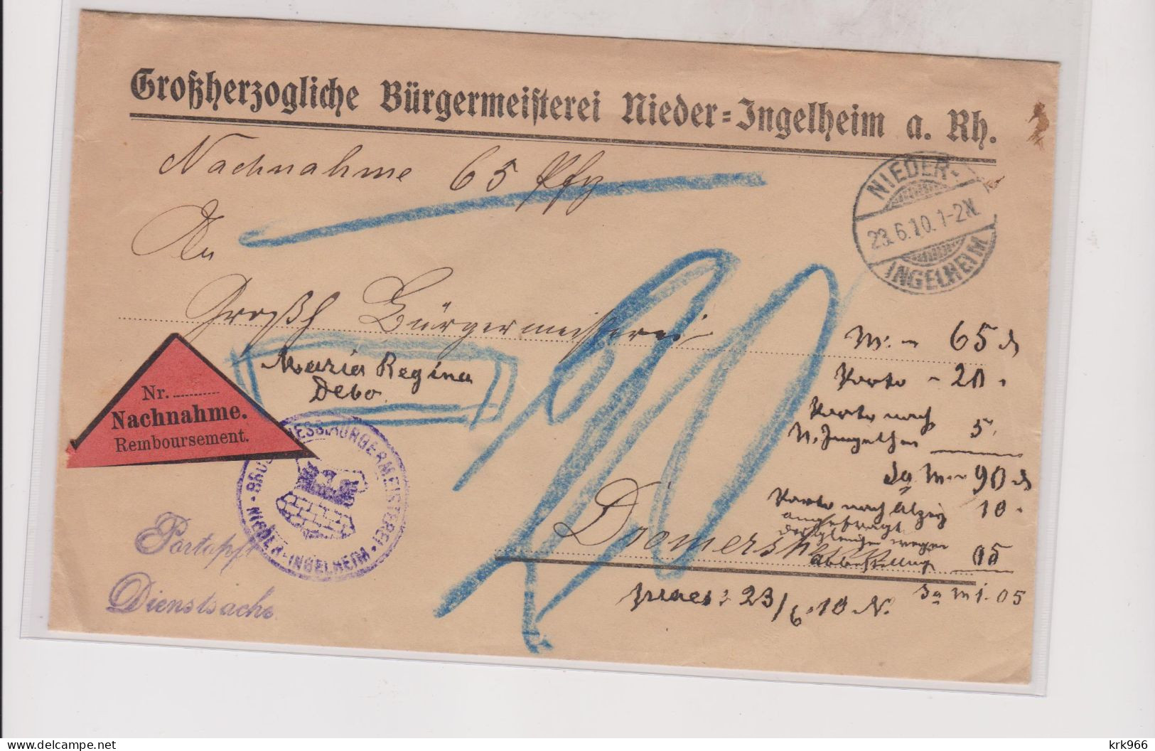 GERMANY 1910 NIEDER-INGELHEIM Nice Cover NACHNAHME - Storia Postale