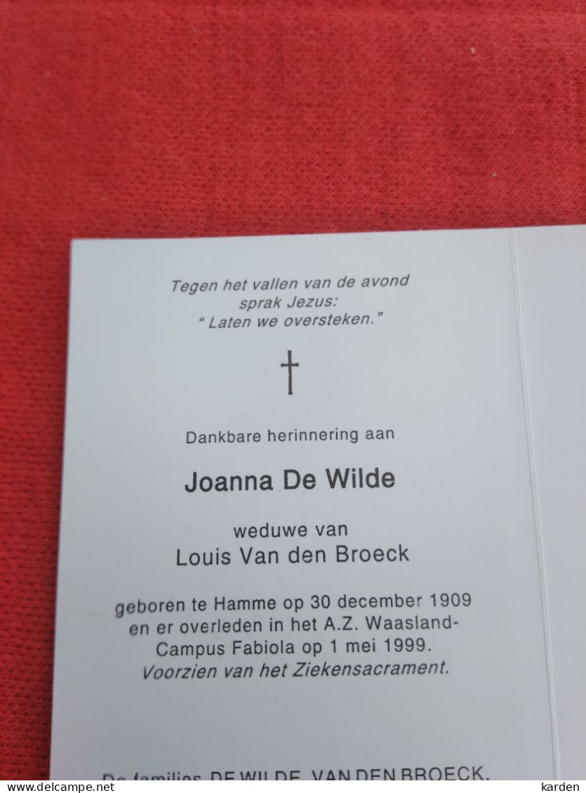 Doodsprentje Joanna De Wilde / Hamme 30/12/1909 - 1/5/1999 ( Louis Van Den Broeck ) - Godsdienst & Esoterisme