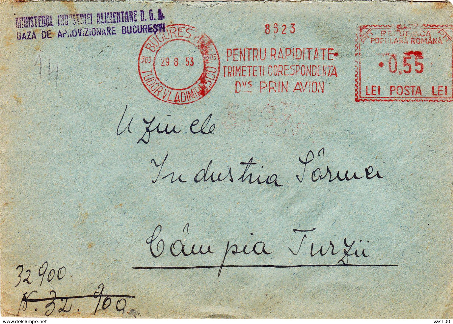 POSTAL HISTORY,1953 ENVELOPE CANCELLATION TUDOR VLADIMINESCU DISTRICT,BUCURESTI,CANCELLATION RED 0,55 LEI T.VLADIMINESCU - Covers & Documents