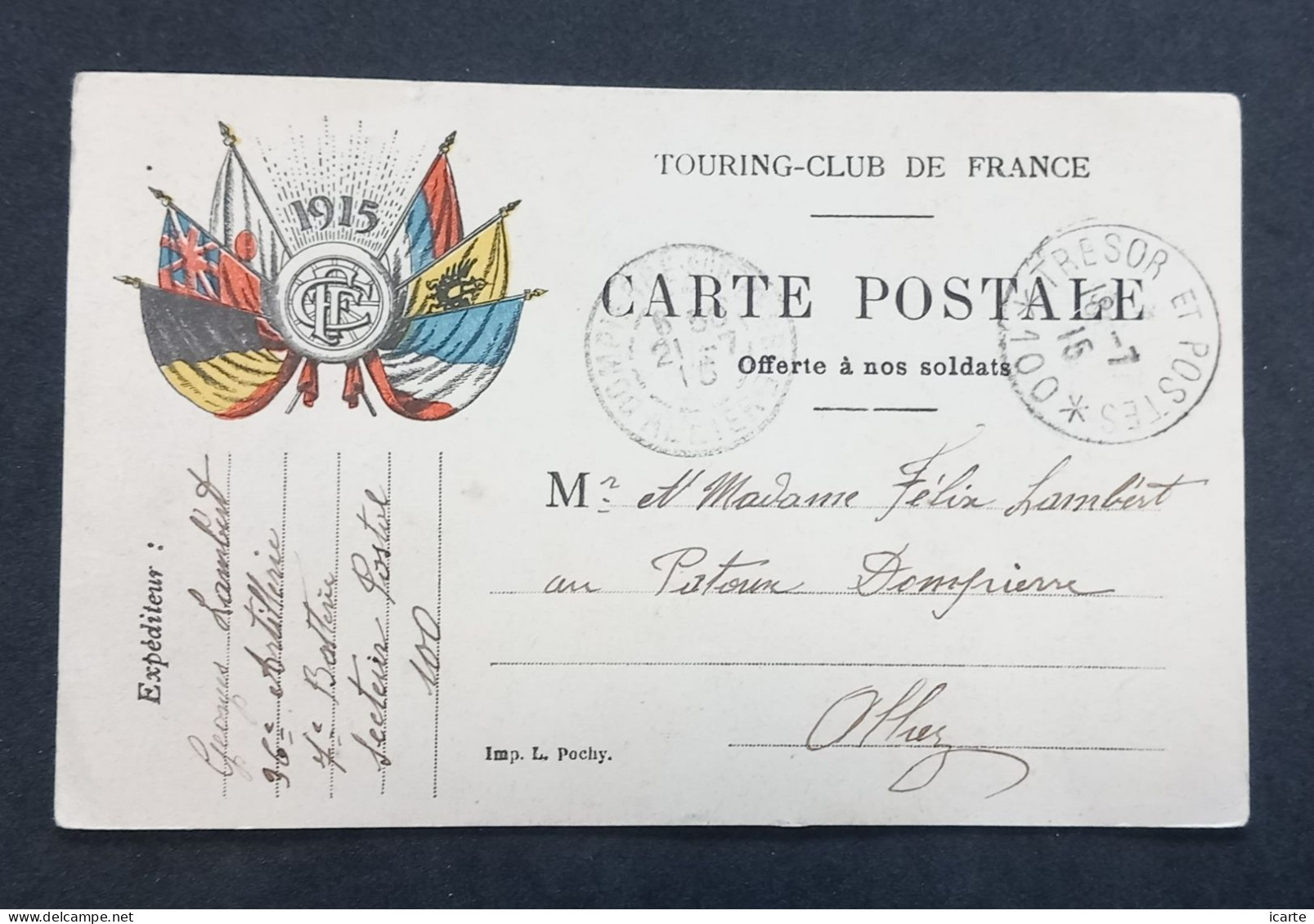 Carte De Franchise Militaire Publicité TOURING CLUB DE FRANCE Trésor Et Postes 100 Du 18-7-15 > Patoux Dompierre - Guerre De 1914-18