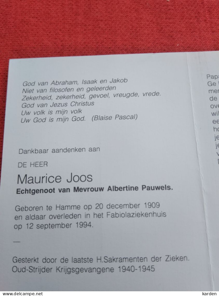 Doodsprentje Maurice Joos / Hamme 20/12/1909 - 12/9/1994 ( Albertine Pauwels ) - Godsdienst & Esoterisme