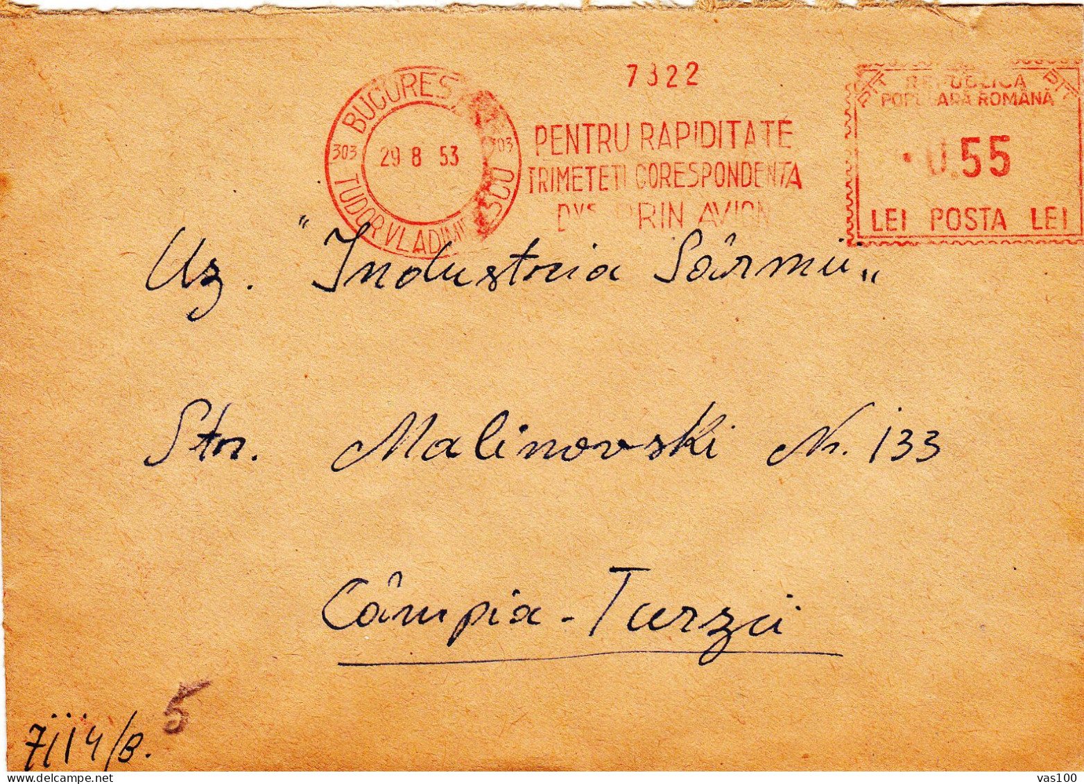 POSTAL HISTORY,1953 ENVELOPE CANCELLATION RED 0,55 LEI TUDOR VLADIMINESCU - Brieven En Documenten