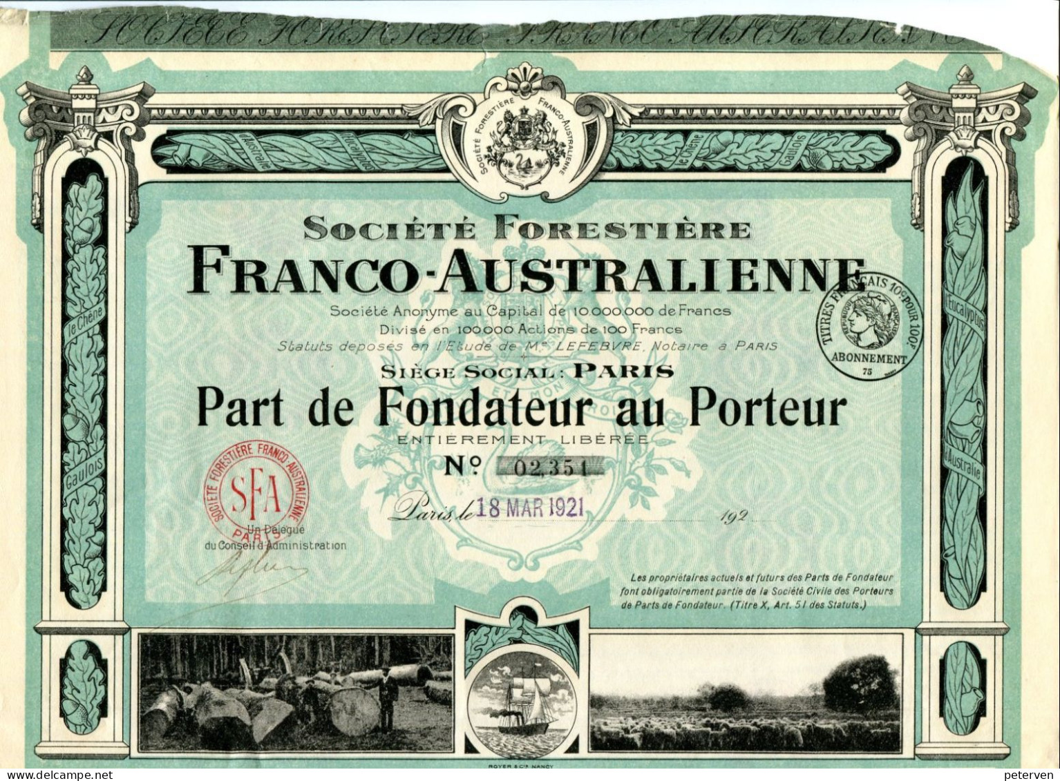 FORESTIÈRE FRANCO - AUSTRALIENNE; Part De Fondateur - Industrie