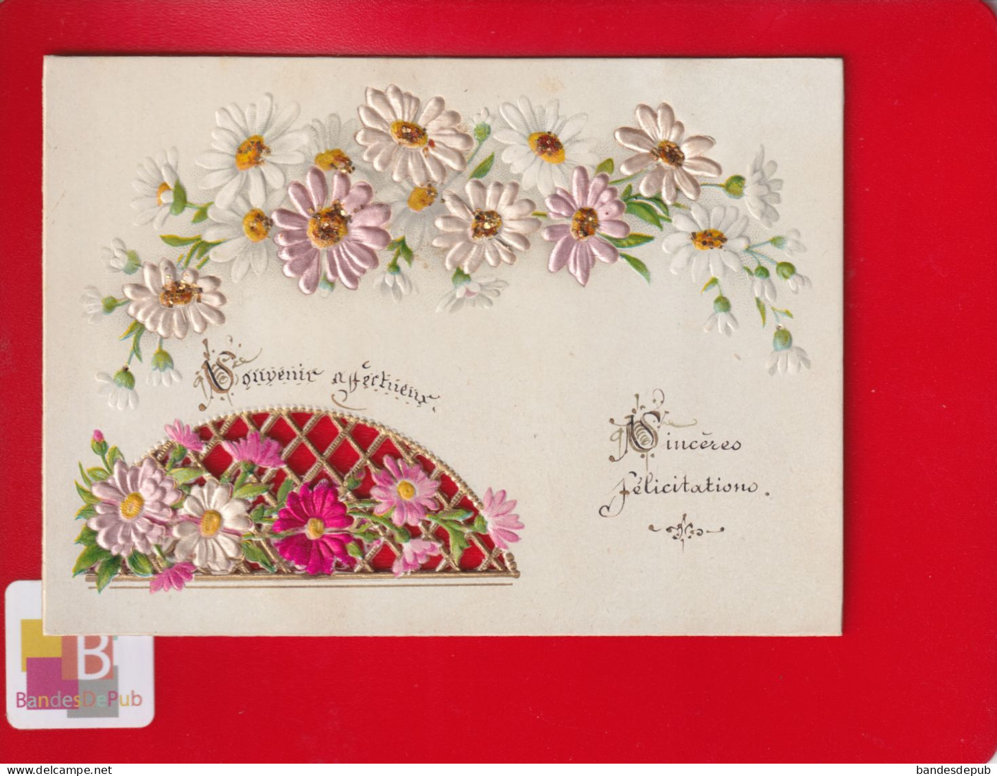 Superbe Carte Chromo Cartonnée  Gaufrée Ajourée Soie Paillettes  Fleurs Voeux Souvenir Félicitations - Autres & Non Classés