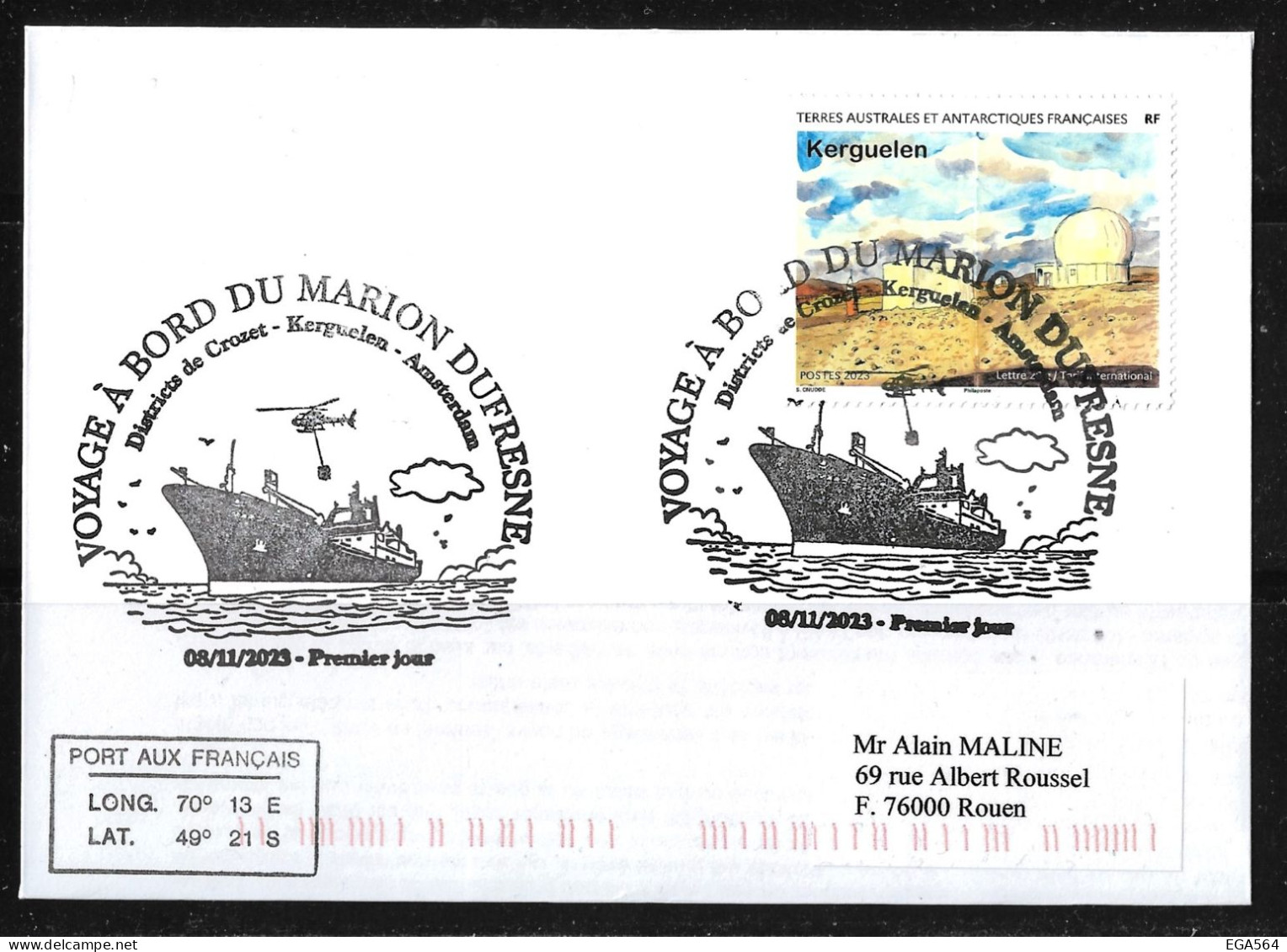 91- Y&T 1058  Sur Pli FDC Du 08/11/2023 Kerguelen " Voyage à Bord Du Marion Dufresne." - Lettres & Documents