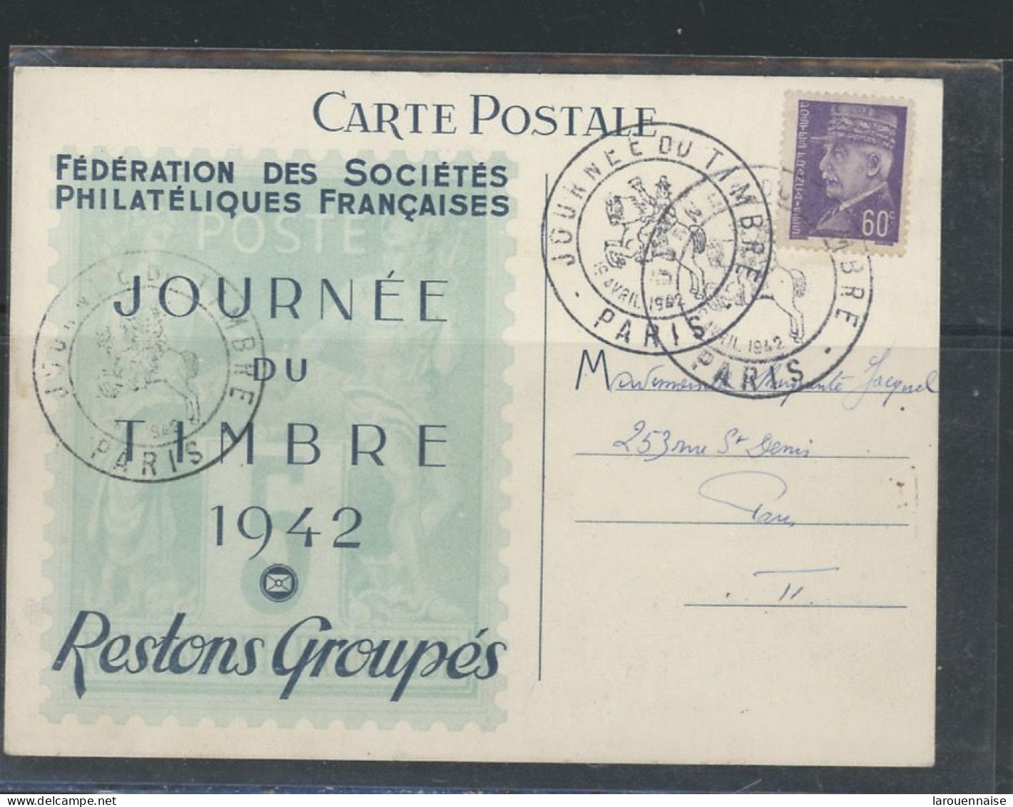 75-PARIS -N°509 / CP F SPF  Obl CACHET COMMEMORATIF JOURNÉE DU TIMBRE 16 AVRIL 1942 - 1921-1960: Période Moderne