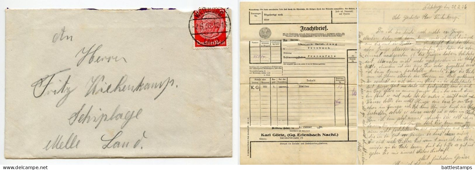 Germany 1936 Cover & Frachtbrief / Letter; Weilburg To Schiplage; 12pf. Hindenburg - Briefe U. Dokumente