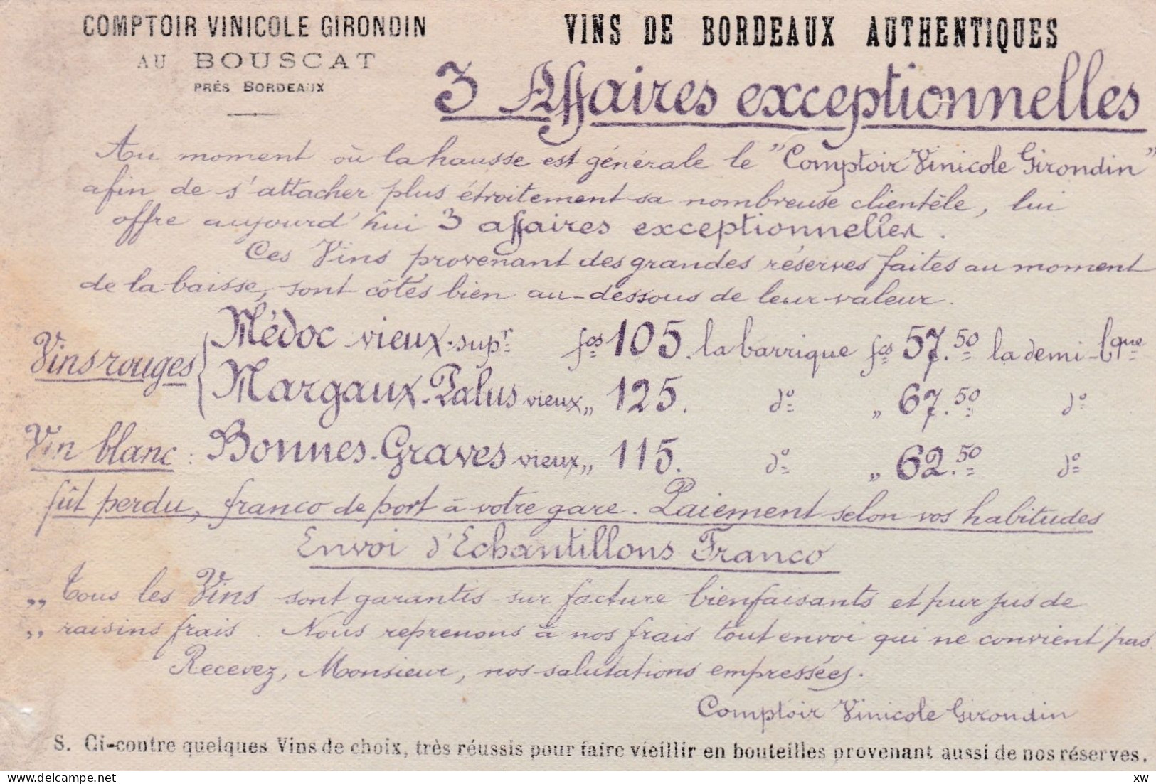 LE BOUSCAT -33- CP OFFRE Comptoir Vinicole Girondin ( Tarifs Des Offres De Vin ) - 15-05-24 - Other & Unclassified