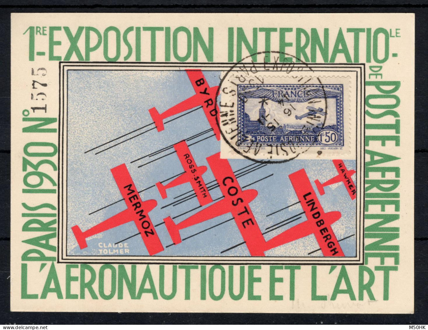 YV PA 6 Oblitéré Sur Carte Numérotée De L'exposition Internationale De Poste Aérienne De 1930 - 1927-1959 Briefe & Dokumente