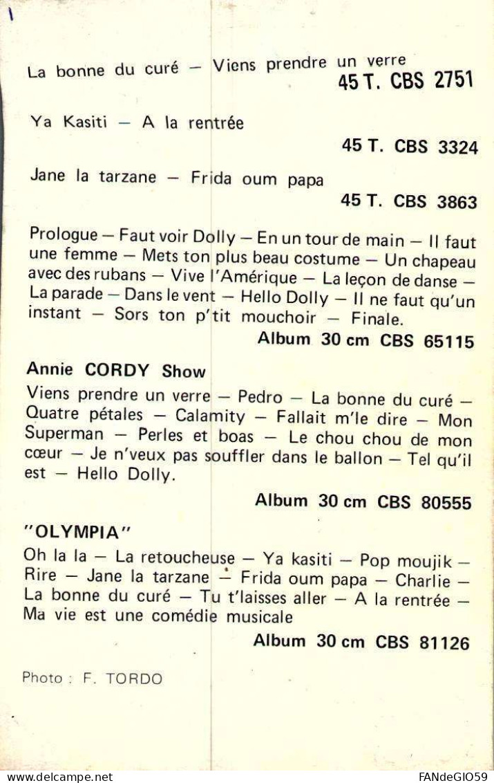 Célébrités > Chanteurs & Musiciens       ANNIE  CORDY   DEDICASSEE // 113 - Chanteurs & Musiciens