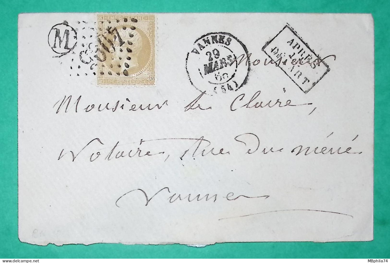 N°21 GC 4095 VANNES MORBIHAN BOITE RURALE M APRES LE DEPART CORRESPONDANCE LOCALE 1866 LETTRE COVER FRANCE - 1849-1876: Période Classique