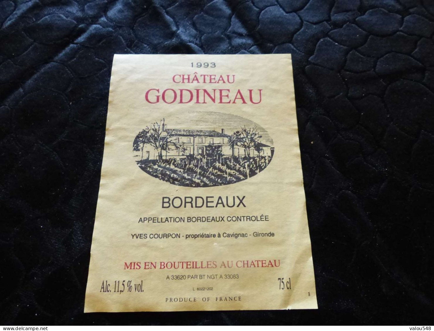 E-75 , Etiquette, Château Godineau, Bordeaux, Cavignac, 1993 - Bordeaux