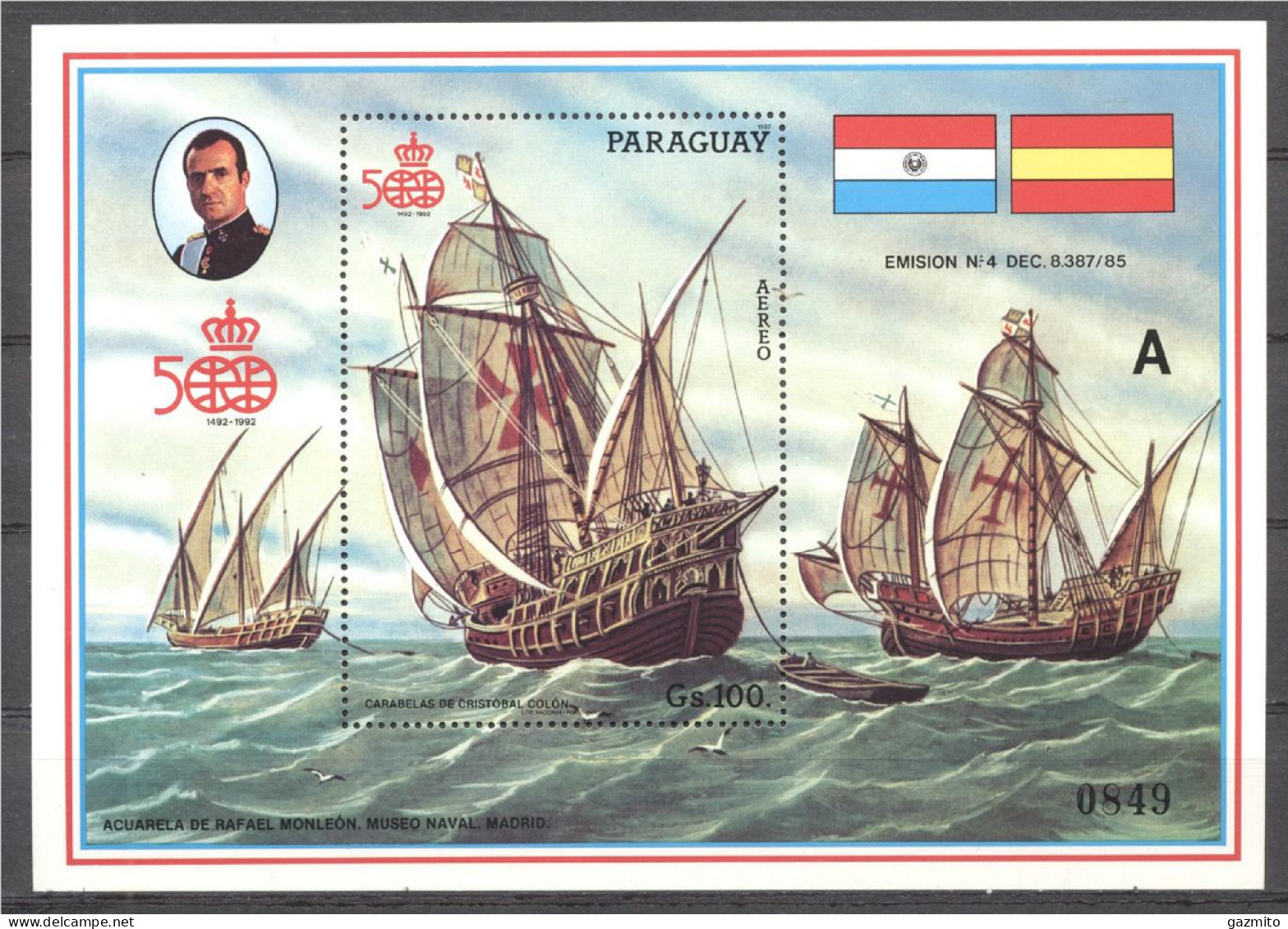 Paraguay 1987, 500th Discovery Of America, Ships, Block - Barcos