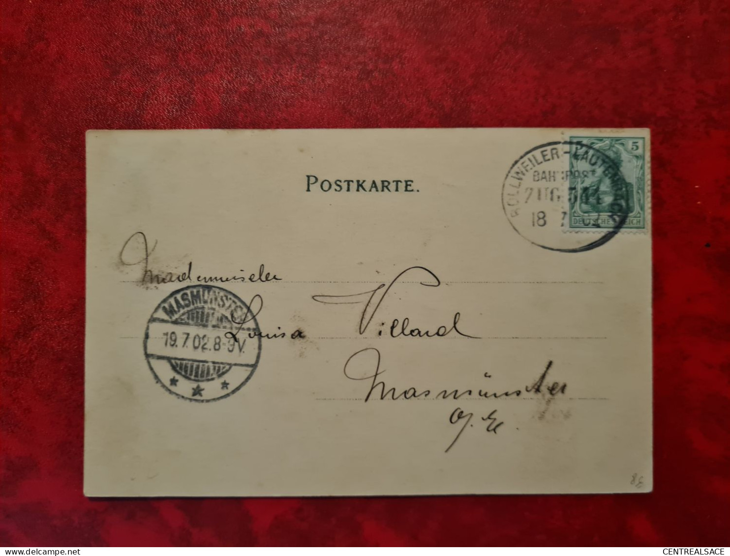 CARTE ABTEI MURBACH GUEWILLER RIMMLISHOF CACHET FERROVIERE BOLLWEILER LAUTENBACH 1902 POUR MASMUNSTER MASEVAUX - Storia Postale