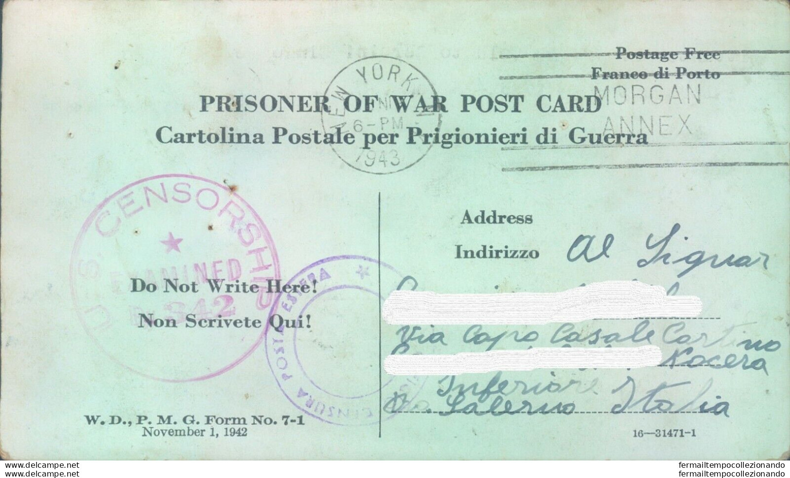Pr181 Nocera Inferiore Prigioniero Di Guerra Negli Stati Uniti Scrive Al Padre - Franchigia